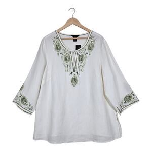 Anne Carson Woman Linen Embroidered Top 1X Ivory Green Boho Resort Tunic